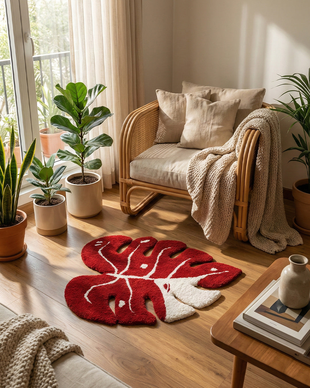 Red Monstera Leaf Rug