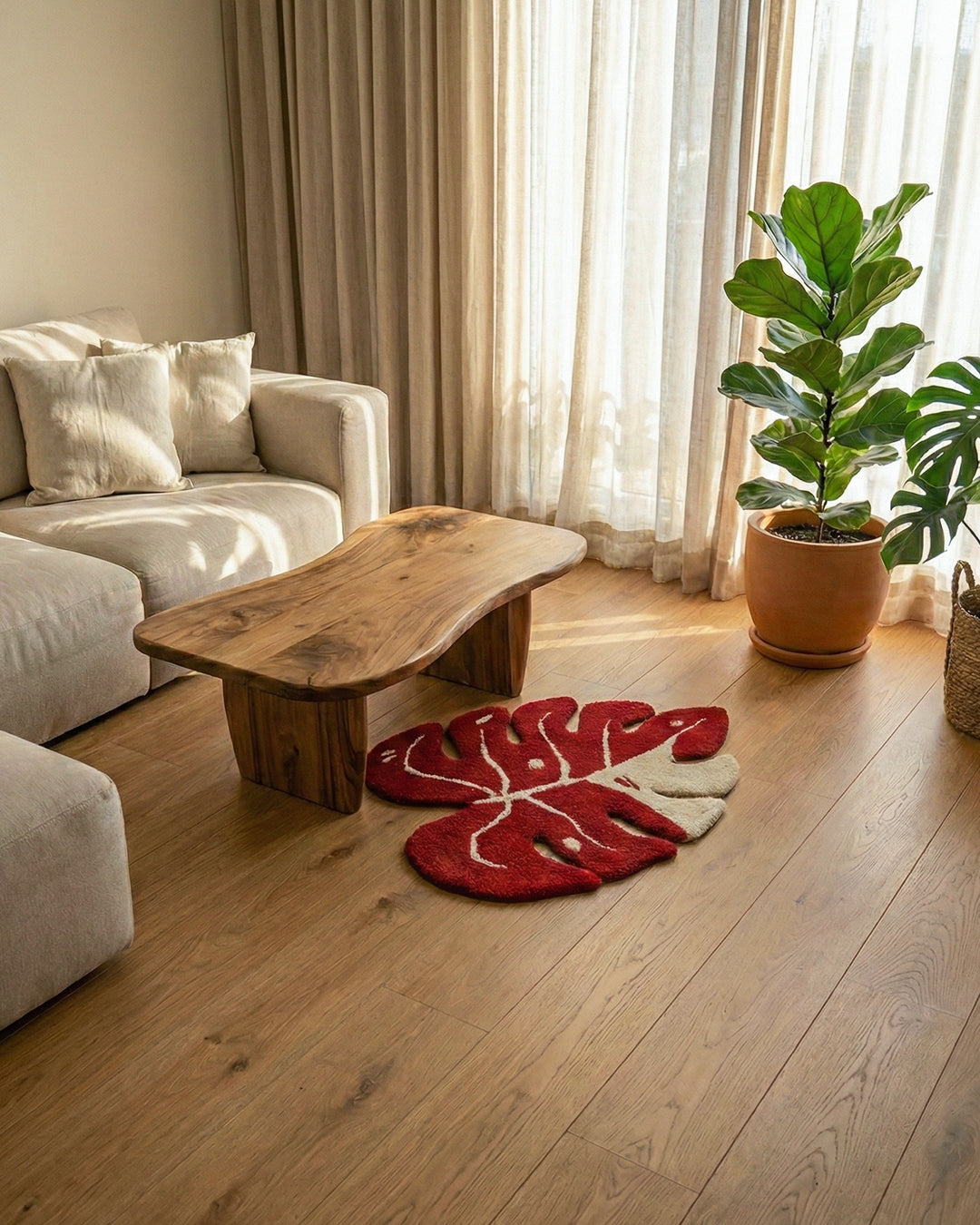 Red Monstera Leaf Rug