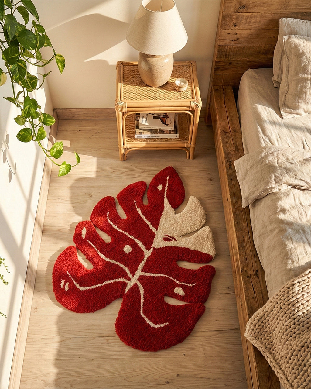 Red Monstera Leaf Rug